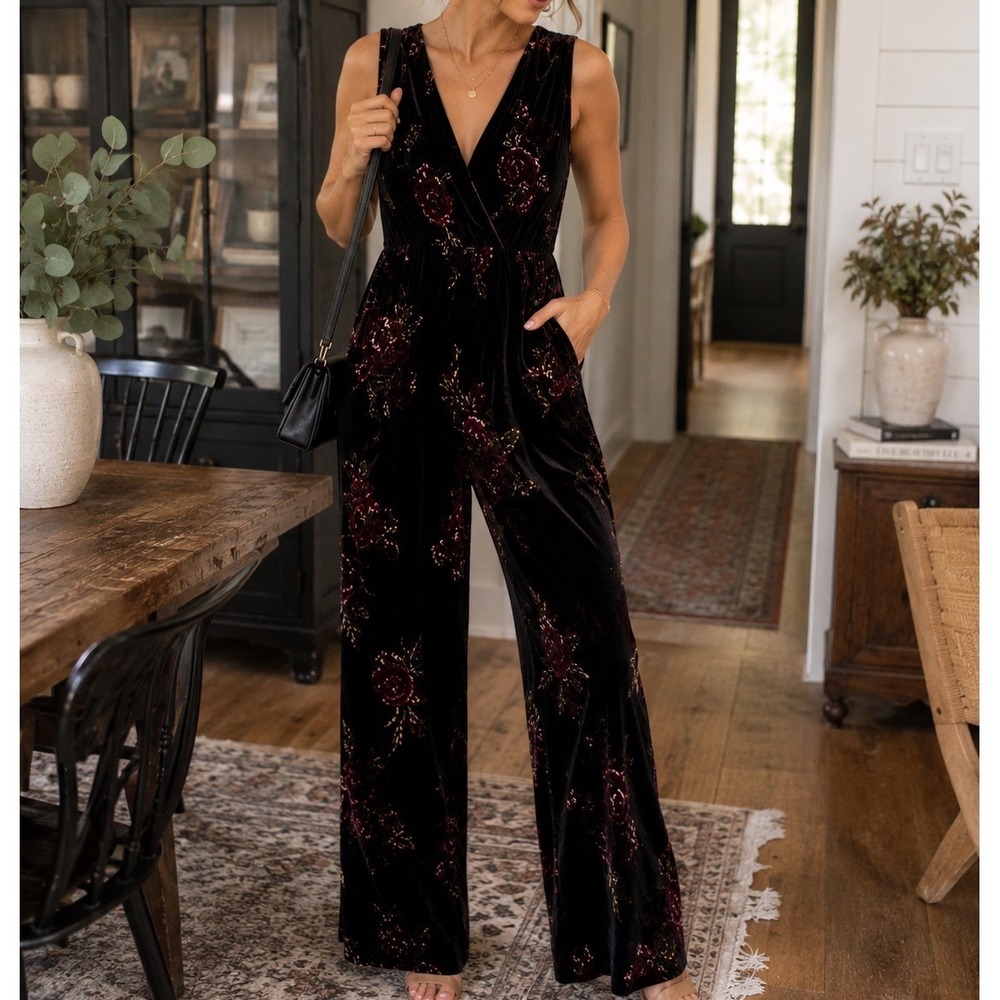 Xhilaration Black Floral Velvet Burnout jumpsuit Medium Sleeveless Surplice